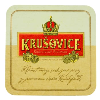 PRAGUE, CZECH REPUBLIC - MARCH 15, 2015: Beermat of Czech beer Krusovice isolated over white background