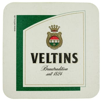 BERLIN, GERMANY - MARCH 15, 2015: Beermat of German beer Veltins isolated over white background