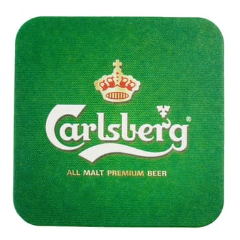 AMSTERDAM, DENMARK - MARCH 15, 2015: Beermat of Danish beer Carlsberg isolated over white background