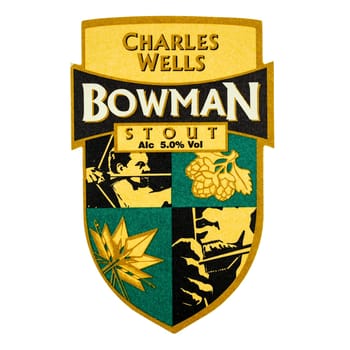 LONDON, UK - MARCH 15, 2015: Beermat of British beer Charles Wells Bowman Stout isolated over white background