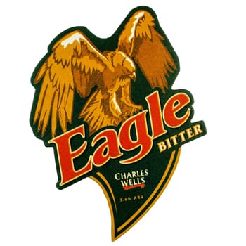 LONDON, UK - MARCH 15, 2015: Beermat of British beer Eagle Bitter isolated over white background