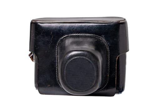 Closeup of a vintage film camera in a black leather case or cover isolated on a white background. Clipping path. Leather bag to protect the antique camera. Macro.
