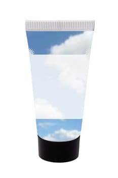 Beauty products container. Closeup of a bright cosmetic tube with a abstract designed transparent white label and cloudy blue sky for your own product and text. Isolated on white.