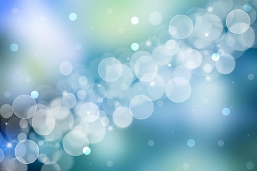 Abstract festive light blue silver green pastel bokeh background with colorful circles and stars. Beautiful texture.