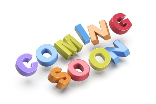 Coming soon promo text with colorful letters on white background