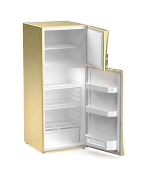 Empty golden refrigerator on white background