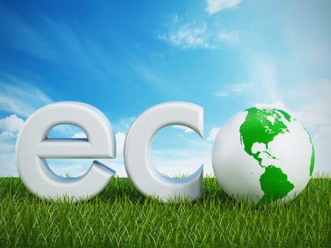 Eco text with globe on grass against blue sky