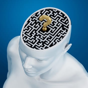 Labyrinth and a golden question mark inside human head against blue background