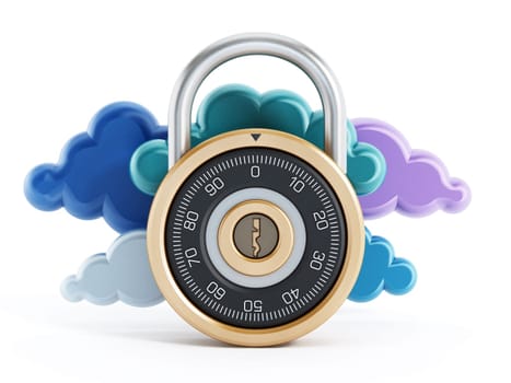 Safe combination lock and clouds isolated on white background