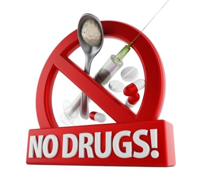 No drugs sign, heroine, syringe and pills isolated on white background