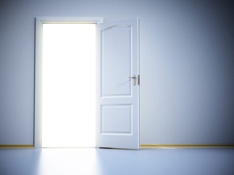 Door opening trough a corridor with shining light