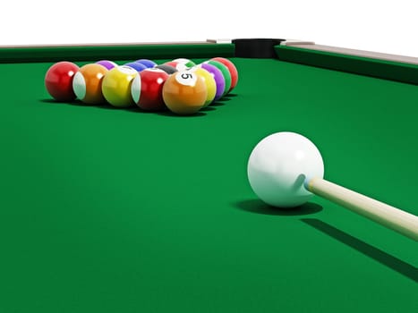 8 ball pool table with balls and cue.