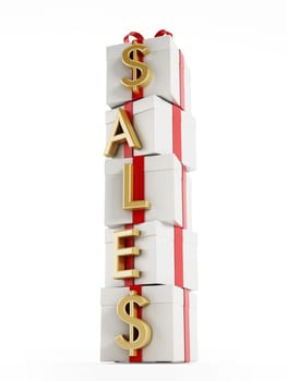 Stacked gift boxes with sales text isolated on white background