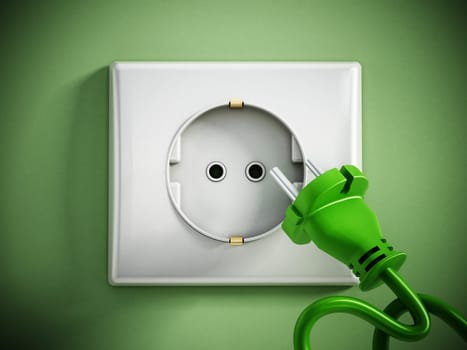 Electric plug and socket on green wall.