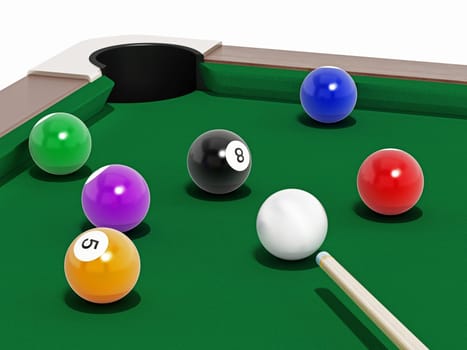 8 ball pool table with balls and cue.