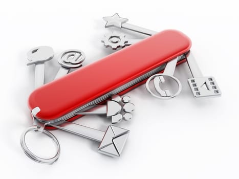 Swiss knife with technology icons isolated on white background