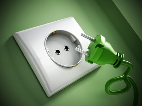 Electric plug and socket on green wall.