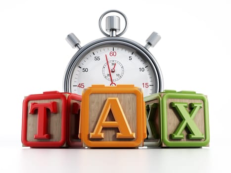 Toy cubes with the word TAX and chronometer isolated on white background.