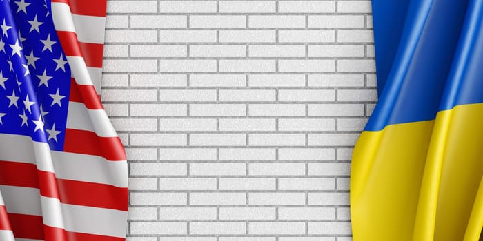 Brick wall mockup and flags of Ukraine and USA. 3D rendering.