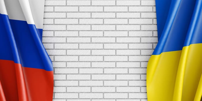 Brick wall mockup and flags of Ukraine and Russia. 3D rendering.