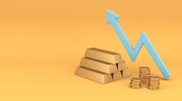 Blue uptrend chart with gold bars and money 3D rendering illustration isolated on yellow background