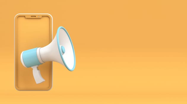 Megaphone and mobile phone 3D rendering illustration isolated on yellow background