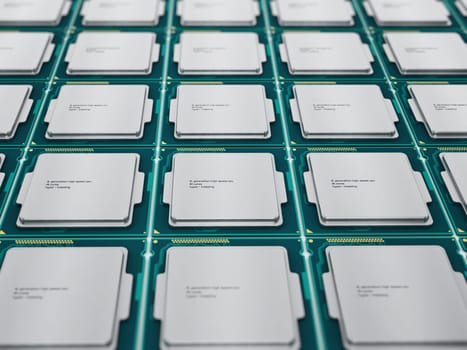 CPUs (central processing units) in a row isolated on white background
