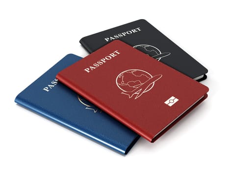 Red, blue and black passports isolated on white background