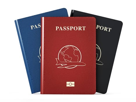 Red, blue and black passports isolated on white background