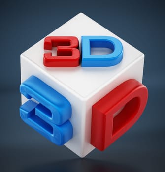 Red and blue 3D text on white cube.