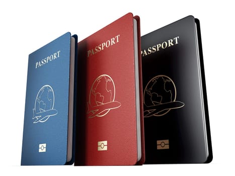 Red, blue and black passports isolated on white background