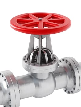 Red valve on metal pipe isolated on white background