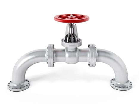 Red valve on metal pipe isolated on white background
