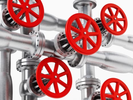 Red valve on metal pipe isolated on white background