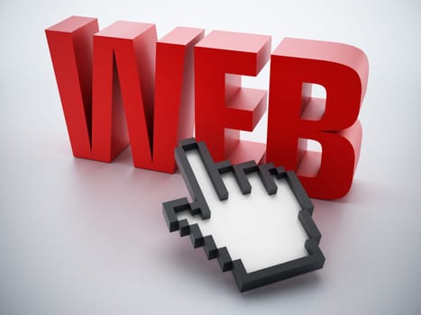 Hand cursor on red web word.