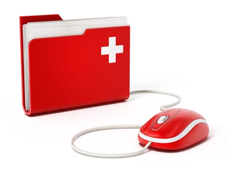 Computer mouse standing on medical folder.