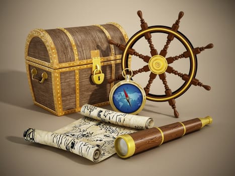 Nautical objects (treasure chest, map, looking glass, wheel and compass)