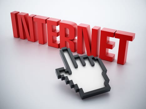 Hand cursor on red internet word.