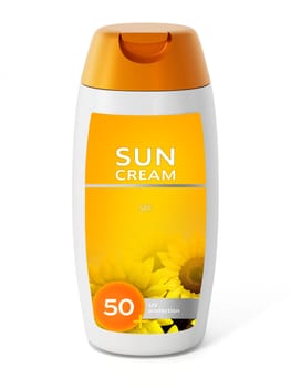 Sun creams in various shaped containers isolated on white background