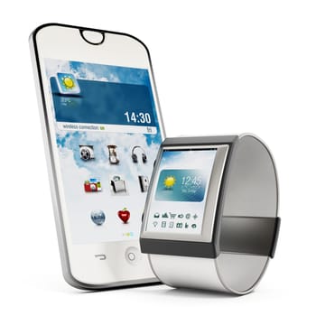 Smartphone and smartwatch isolated on white background.