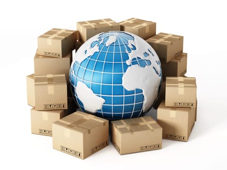 Cargo boxes around the globe isolated on white background