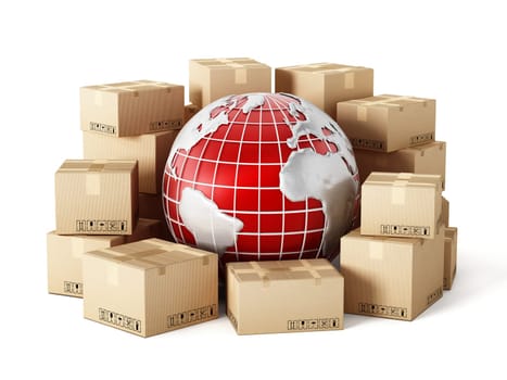 Cargo boxes around the globe isolated on white background