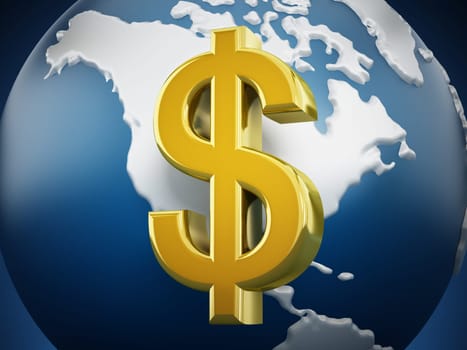 Gold dollar symbol around the globe