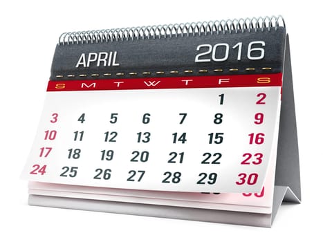 April 2016 desktop calendar isolated on white background