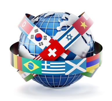 International country flags on the globe isolated on white background