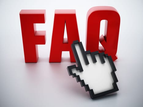 Hand cursor on red FAQ word.