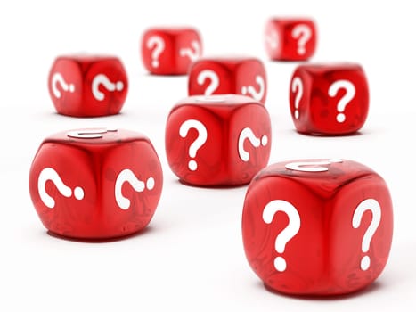 Dice with question mark symbol isolated on white background