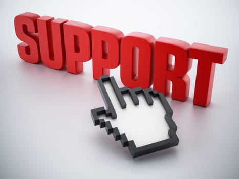 Hand cursor on red support word.