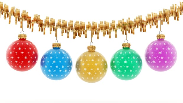 Hanging christmas baubles isolated on white background.