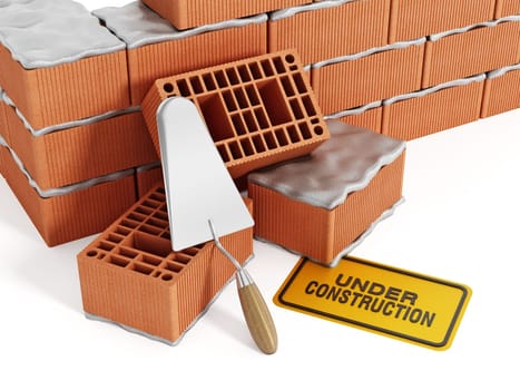 Brick wall under construction isolated on white background.
